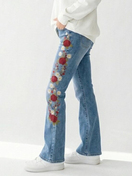 Silk & Lace Denim - Silk & Lace Tall Floral Embroidered Flare Jeans Rose Daisy Bootcut High Rise